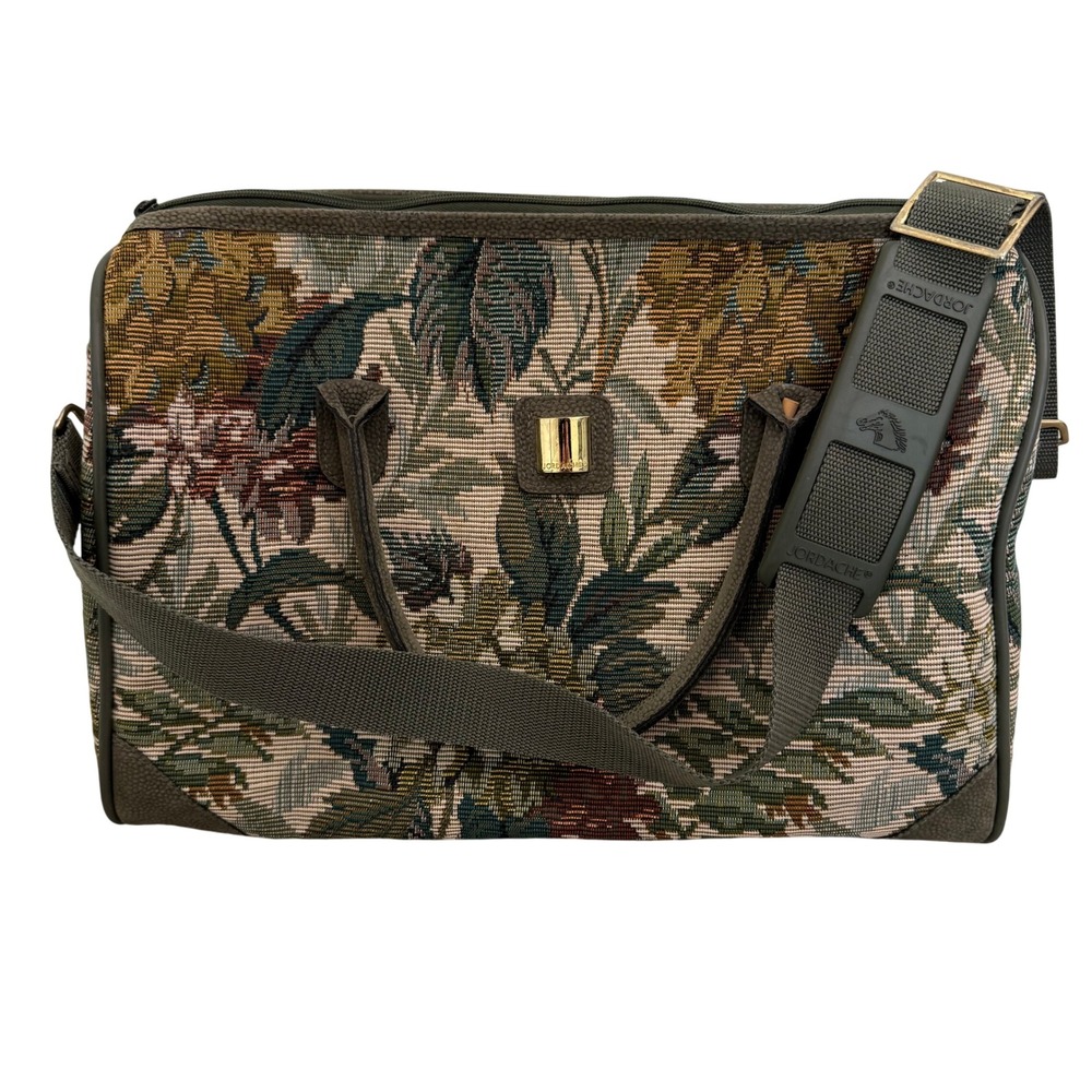 Vintage Jordache Floral Tapestry Duffel Bag Olive Green Weekender Carry-On 90s
